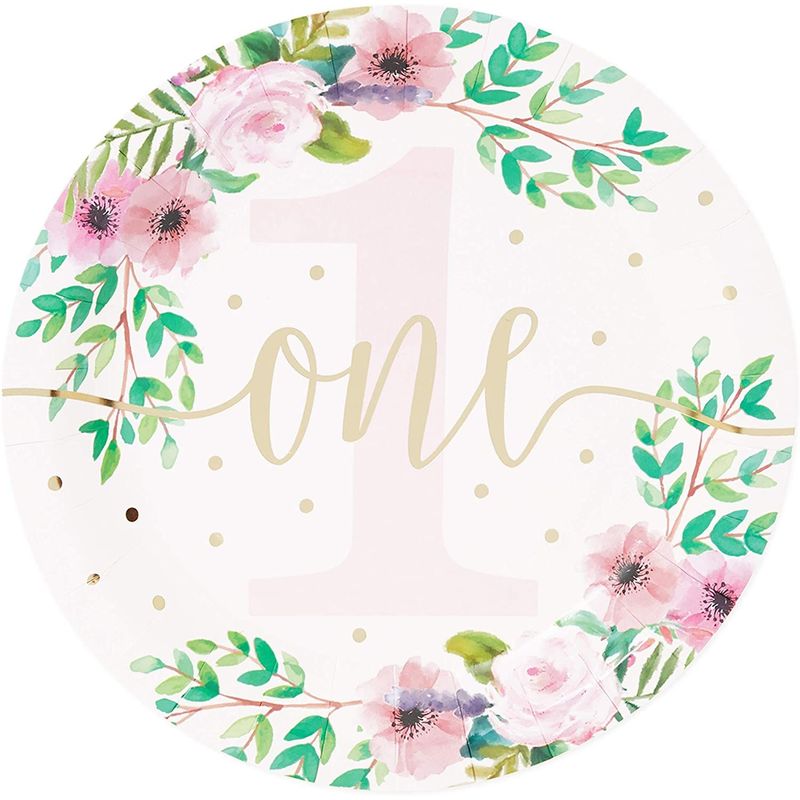 Baby Girls 1st Birthday Party Supplies, Floral Paper Plates (9 in., 48 Pack)