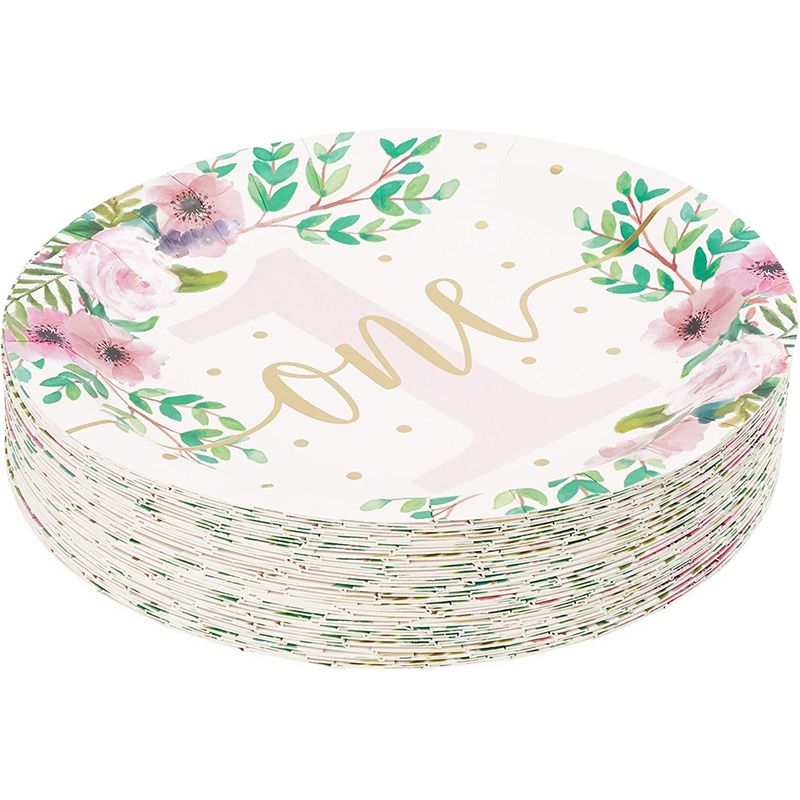 Baby Girls 1st Birthday Party Supplies, Floral Paper Plates (9 in., 48 Pack)