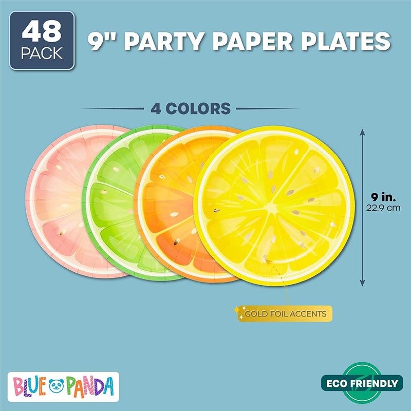 Tutti Fruity, Citrus Fruit Party Plates with Gold Foil Details for Summer Celebrations (9 In, 48 Pack)