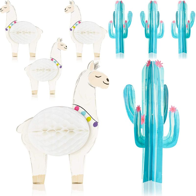 Llama Honeycomb and Cactus Centerpiece for Table Decorations (8 Pack)