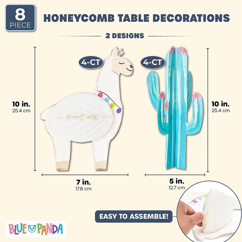 Llama Honeycomb and Cactus Centerpiece for Table Decorations (8 Pack)