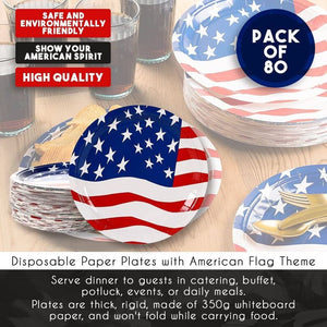 American Flag Paper Plates, Patriotic Party Supplies (9 In, 80 Pack)