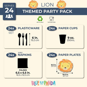 Lion Safari Party Pack, Includes Paper Plates, Plastic Cutlery, Cups, and Napkins (144 Pieces, Serves 24)