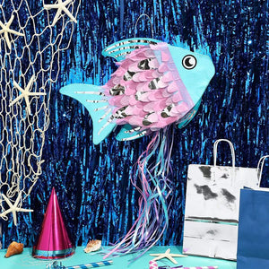 Fish Pinata, Blue, Pink, and Silver Foil, Ocean Party Decorations (17 x 10.5 Inches)