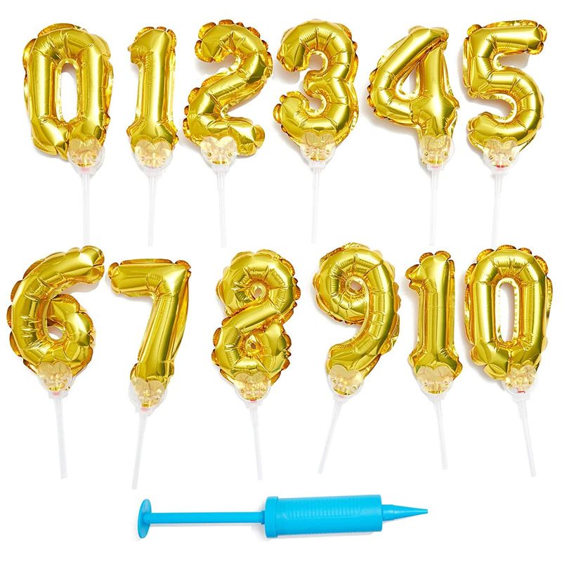 Gold Foil Balloon Number 0-9 Birthday Cake Toppers (6 in, 12 Pack)