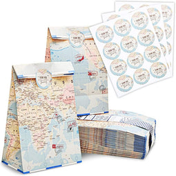 World Map Travel Party Favor Bags with Stickers (8.7 x 5.15 In, 36 Pack)