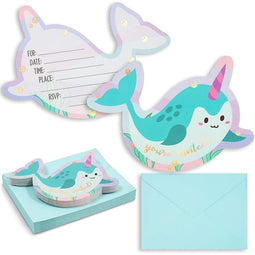 Narwhals Birthday Party Invitations with Aqua Envelopes, Ocean Party Decorations (5 x 7 in, 36 Pack)