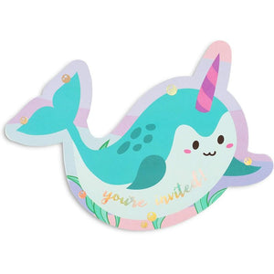 Narwhals Birthday Party Invitations with Aqua Envelopes, Ocean Party Decorations (5 x 7 in, 36 Pack)