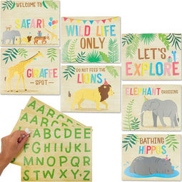 Blue Panda Jungle Safari Animal Party Signs with Alphabet Stickers (7 Pieces, 3 Stickers Sheets)