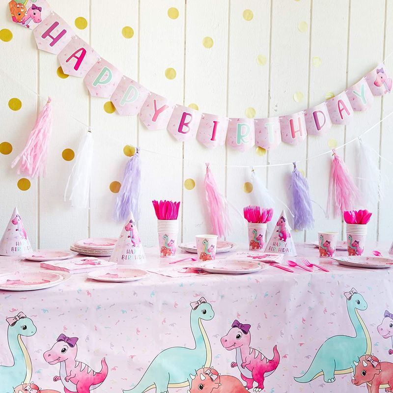 194 Piece Pink Baby Girl Dinosaur Birthday Party Supplies with Plates, Napkins, Cups, Cutlery, Banner, Hats, Table Covers (Serves 24)