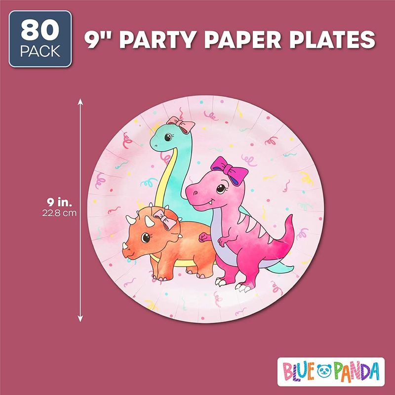 Girl's Birthday Pink Dinosaur Party Supplies, Paper Plates (9 Inches, 80 Pack)