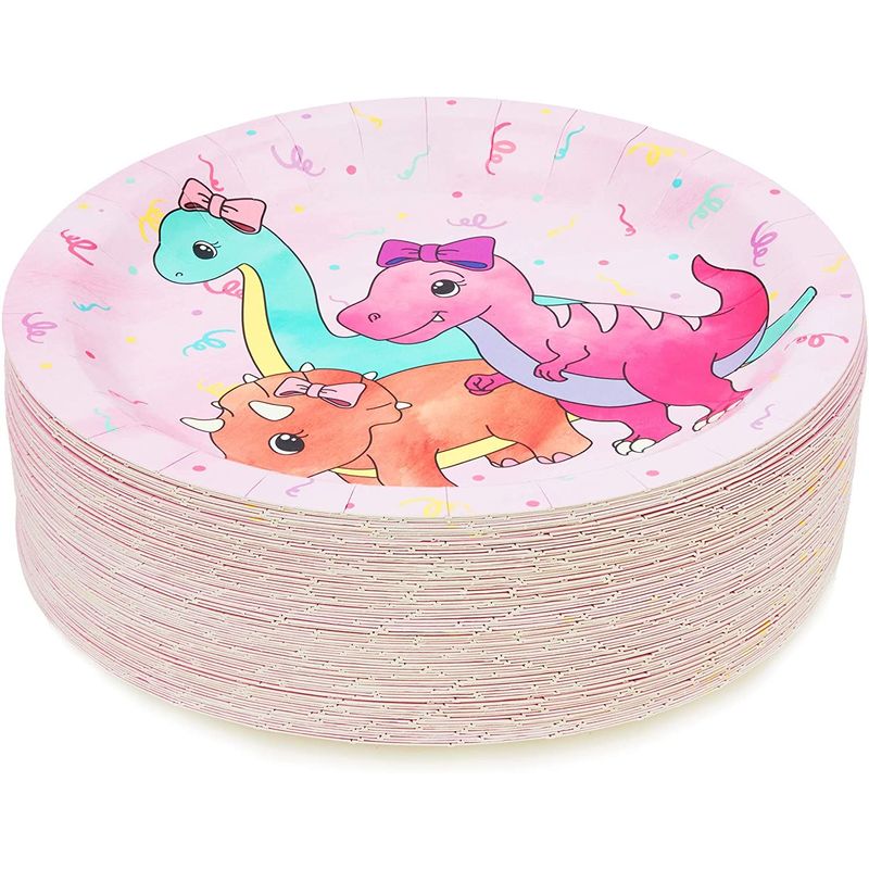 Girl's Birthday Pink Dinosaur Party Supplies, Paper Plates (9 Inches, 80 Pack)