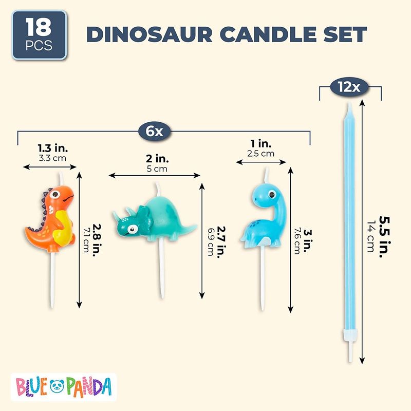 3D Dinosaur Cake Topper with Thin Candles in Holders (18-Pack)