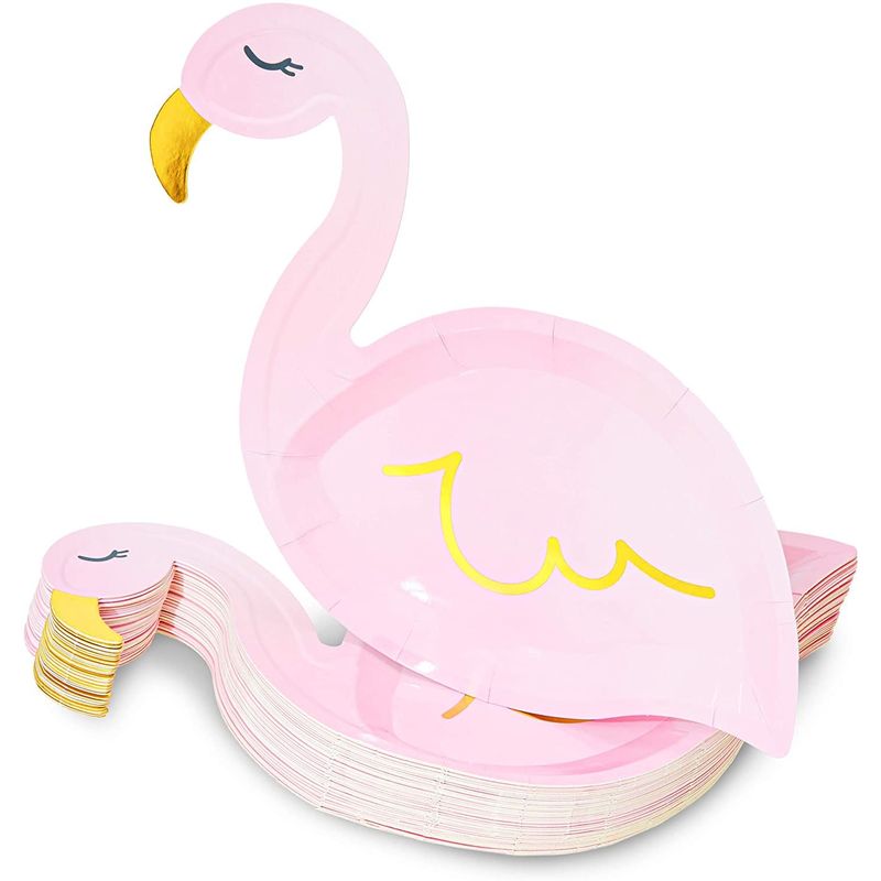 Pink Flamingo Party Paper Plates with Gold Foil (9 x 11.45 Inches, 48 Pack)