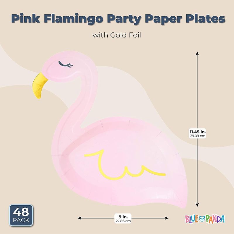 Pink Flamingo Party Paper Plates with Gold Foil (9 x 11.45 Inches, 48 Pack)