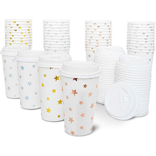 Insulated Paper Coffee Cups with Lids and Foil Stars (16-oz, 48-Pack)