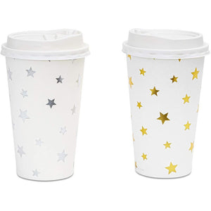Insulated Paper Coffee Cups with Lids and Foil Stars (16-oz, 48-Pack)
