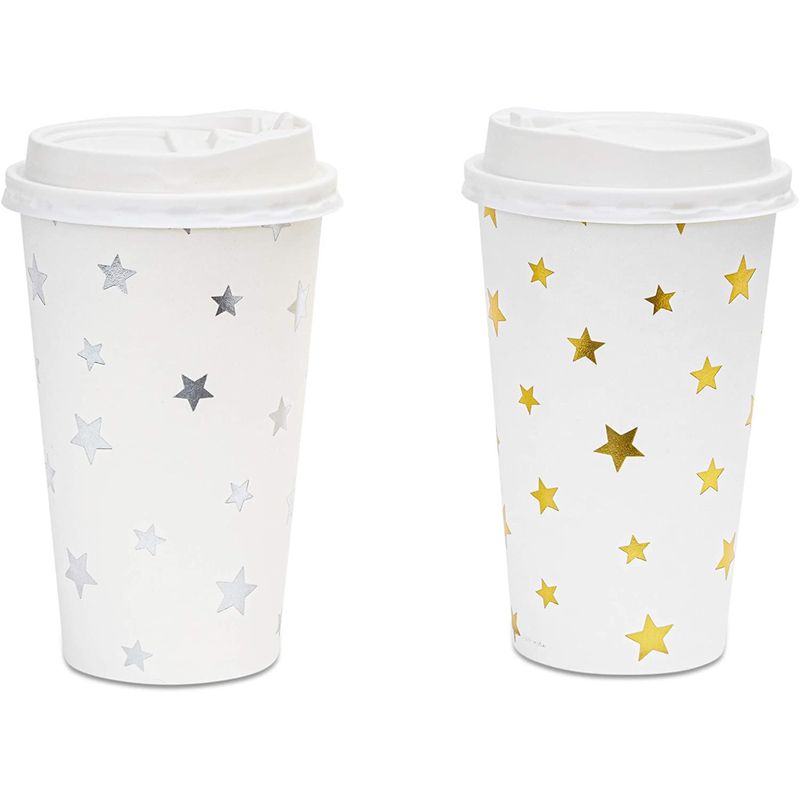Insulated Paper Coffee Cups with Lids and Foil Stars (16-oz, 48-Pack)