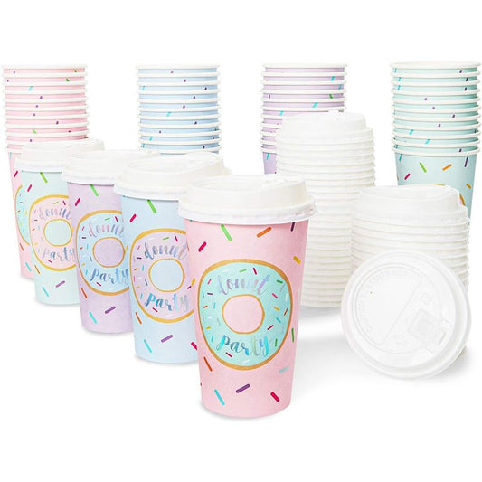 Donut Party Insulated Coffee Cups with Lids (16 oz, 4 Pastel Designs, 48 Pack)