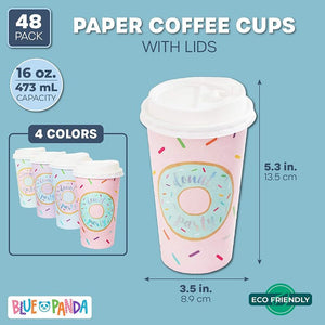 Donut Party Insulated Coffee Cups with Lids (16 oz, 4 Pastel Designs, 48 Pack)