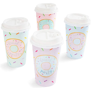 Donut Party Insulated Coffee Cups with Lids (16 oz, 4 Pastel Designs, 48 Pack)
