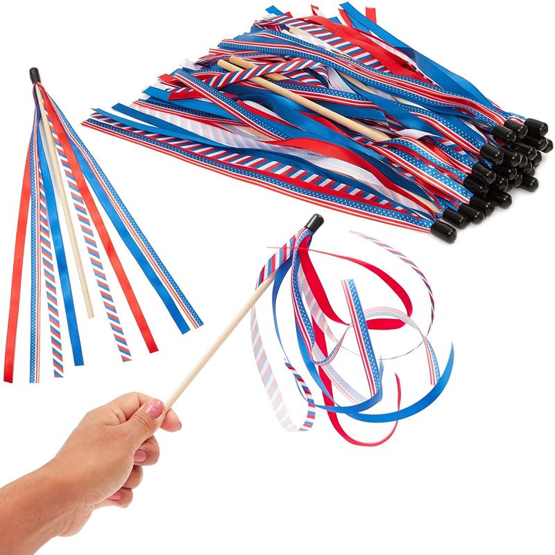 4th of July USA Flag Ribbon, Patriotic Handheld Flags for Holidays (24 Pack)