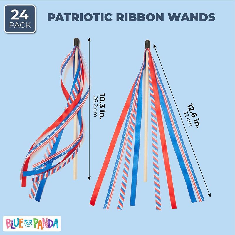 4th of July USA Flag Ribbon, Patriotic Handheld Flags for Holidays (24 Pack)
