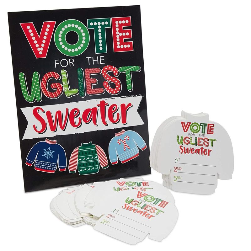 Ugly Christmas Sweater Voting Cards for Holiday Parties, Xmas Party Game (51 Pieces)