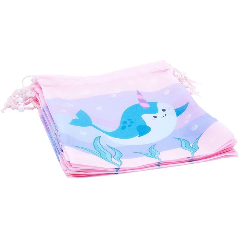 Drawstring Favor Bags for Kids Narwhal Birthday Party (10 x 12 in, 12 Pack)