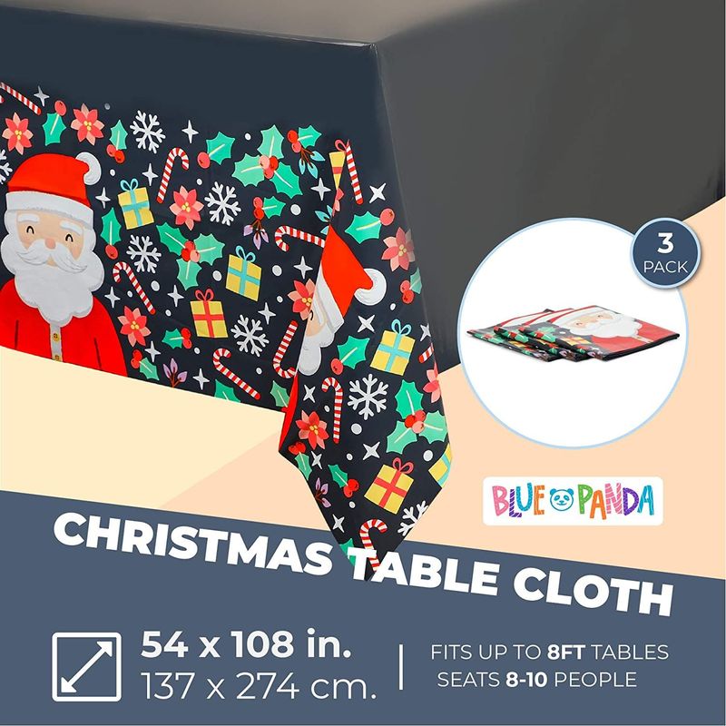 Santa Tablecloth for Holiday Christmas Party (54 x 108 in, Black, 3 Pack)