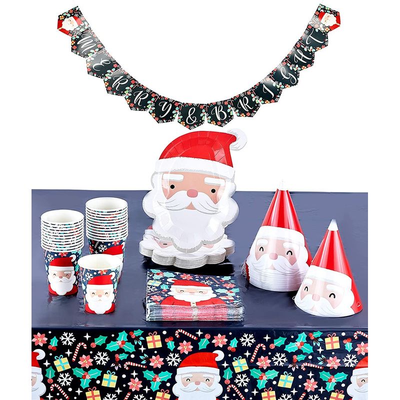 Christmas Dinnerware Party Pack, Santa Hats, Table Cover, Banner (Serves 24, 99 Pieces)
