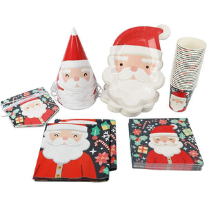 Christmas Dinnerware Party Pack, Santa Hats, Table Cover, Banner (Serves 24, 99 Pieces)