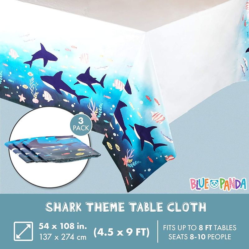 Shark Birthday Party Supplies, Plastic Tablecloth (54 x 108 in, 3 Pack)