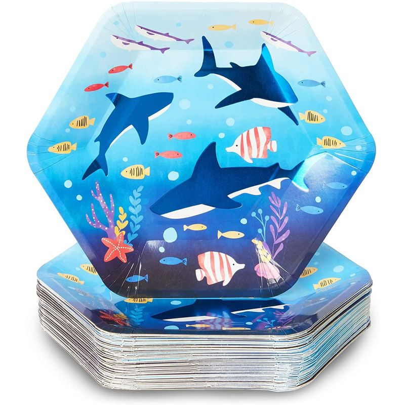 Blue Panda Under The Sea Shark Birthday Party Paper Plates, Hexagon (9 Inches, 48 Pack)