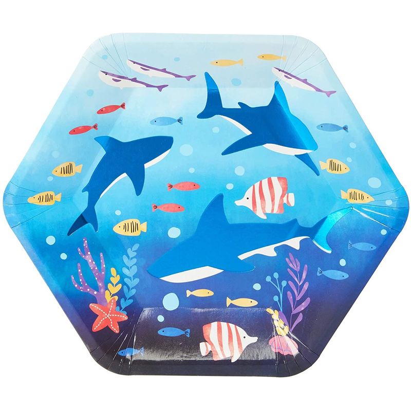 Blue Panda Under The Sea Shark Birthday Party Paper Plates, Hexagon (9 Inches, 48 Pack)