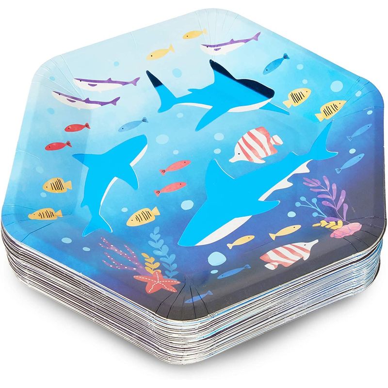 Under the Sea Shark Birthday Party Paper Plates, Hexagon (9 Inches, 48 Pack)