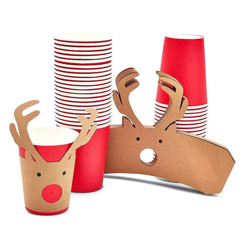 Reindeer Red and Gold Foiled Disposable Coffee Cups Set of 8 16oz