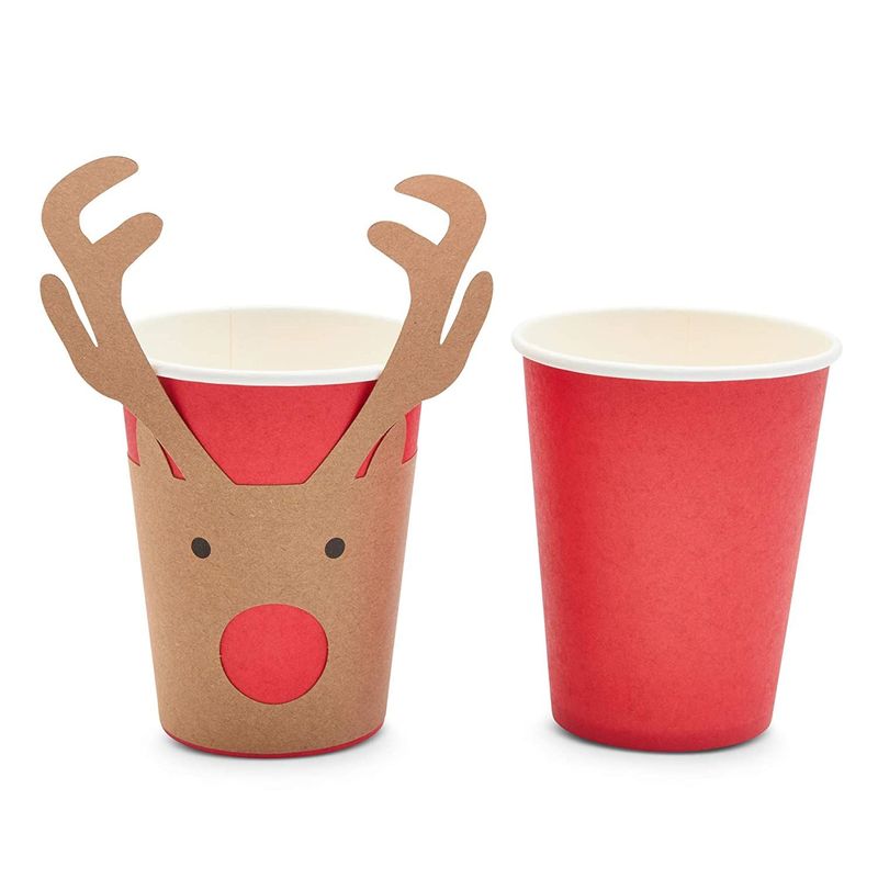 Reindeer Red and Gold Foiled Disposable Coffee Cups Set of 8 16oz