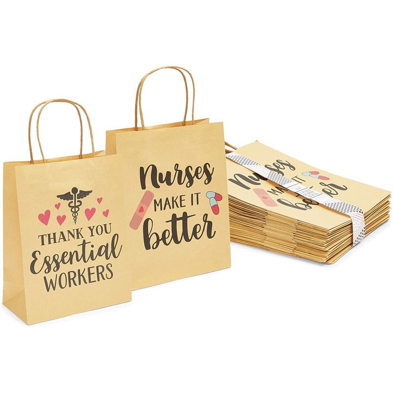 Nurse Gift Bags for Appreciation Gifts Medium Kraft Paper (8 x 10 in, 24 Pack)