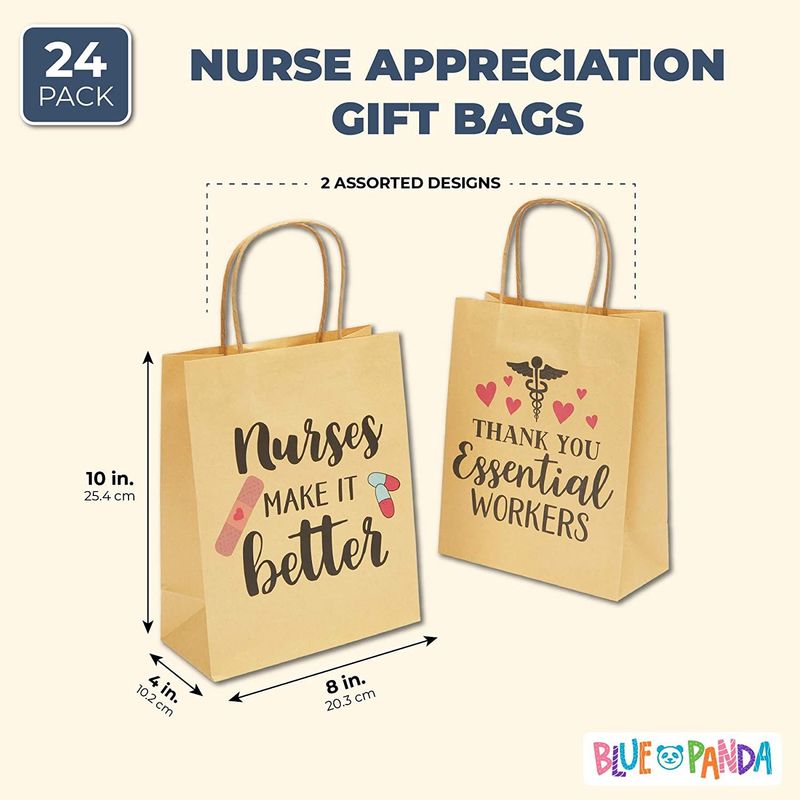 Nurse Gift Bags for Appreciation Gifts Medium Kraft Paper (8 x 10 in, 24 Pack)