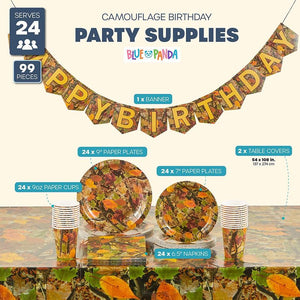 Camouflage Birthday Party Pack with Dinnerware, Tablecloths, Banner (Serves 24, 99 Pieces)