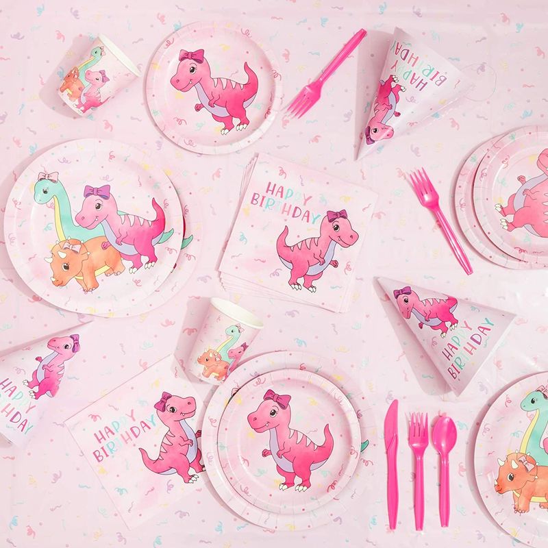 Blue Panda Pink Dinosaur Party Decorations for Girl's Birthdays, Plastic Tablecloth (54 x 108 in, 3 Pack)