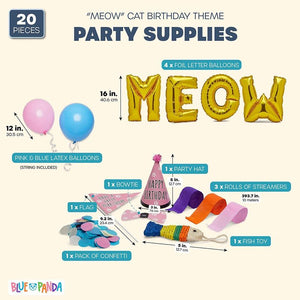 Meow Cat Birthday Party Supplies, with Balloons, Streamers, and Toys (20 Pieces)