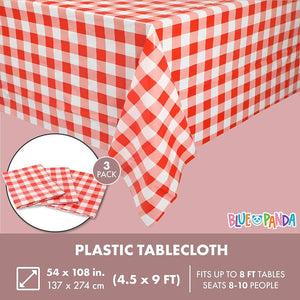 Country Red and White Checkered Tablecloth, Rustic Plastic Table Cover (54 x 108 in, 3 Pack)