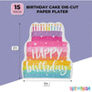 Happy Birthday Cake Die-Cut Paper Serving Plates (13 x 15 In, 15 Pack)