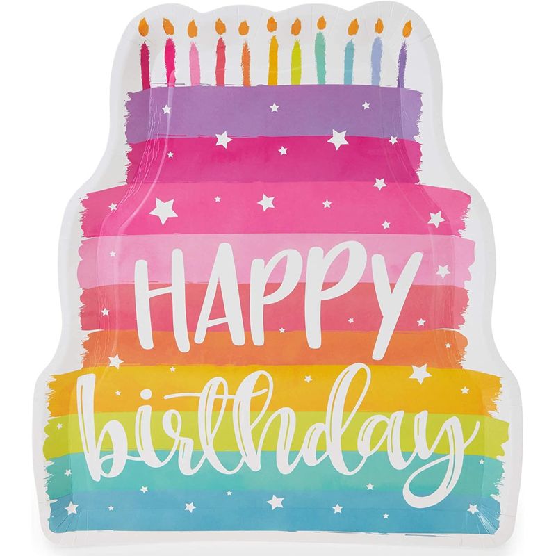 Happy Birthday Cake Die-Cut Paper Serving Plates (13 x 15 In, 15 Pack)