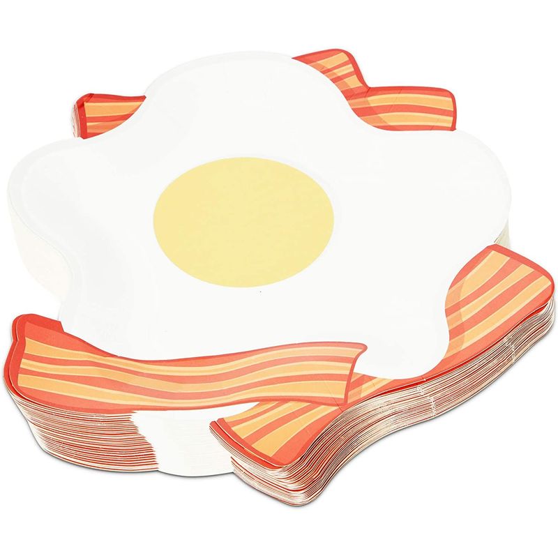 Fried Eggs and Bacon Paper Plates for Breakfast Party, Brunch (9 In, 48 Pack)