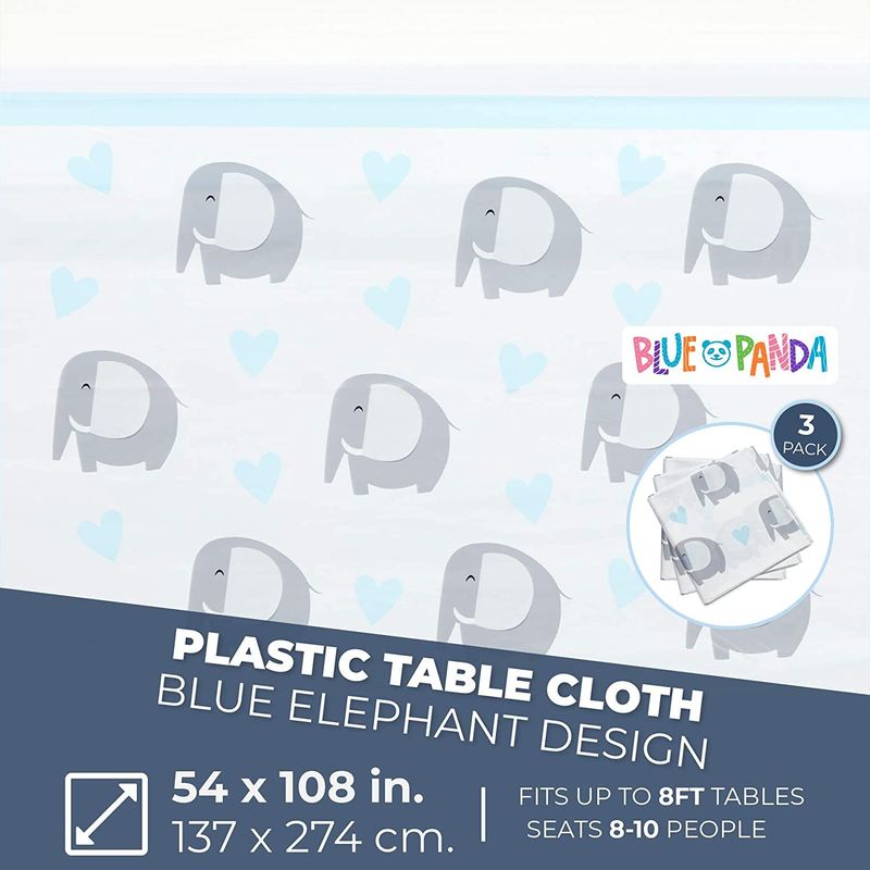 Elephant Tablecloth for Boy Baby Shower, Plastic Table Cover (54 x 108 in, 3 Pack)