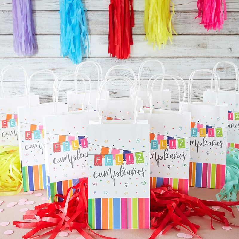 Feliz Cumpleanos Gift Bags with Handles for Birthday Parties (9 x 5.3 in, 24 Pack)
