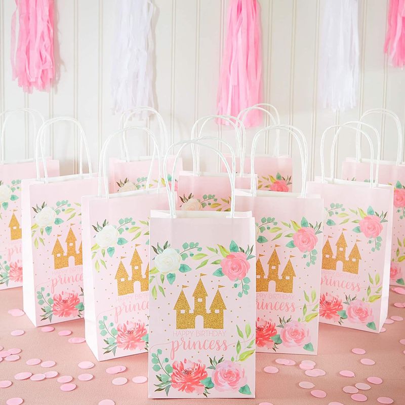 Pink Princess Castle Paper Birthday Party Gift Bags (9 x 5.3 in, 24 Piece)
